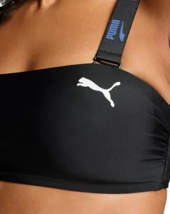 PUMA - Top bandeau bikini nero con logo bianco