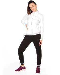 PUMA - Tuta completa da donna bianca e nera con zip frontale e dettagli argento glitter