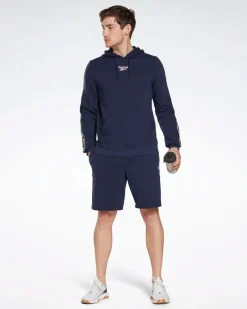 REEBOK - Felpa da uomo blu con cappuccio e banda Reebok sulla manica