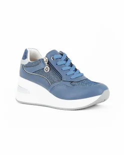 RENATO BALESTRA - Scarpa sneakers blu con soletta estraibile in VERA PELLE, lacci e zip laterale