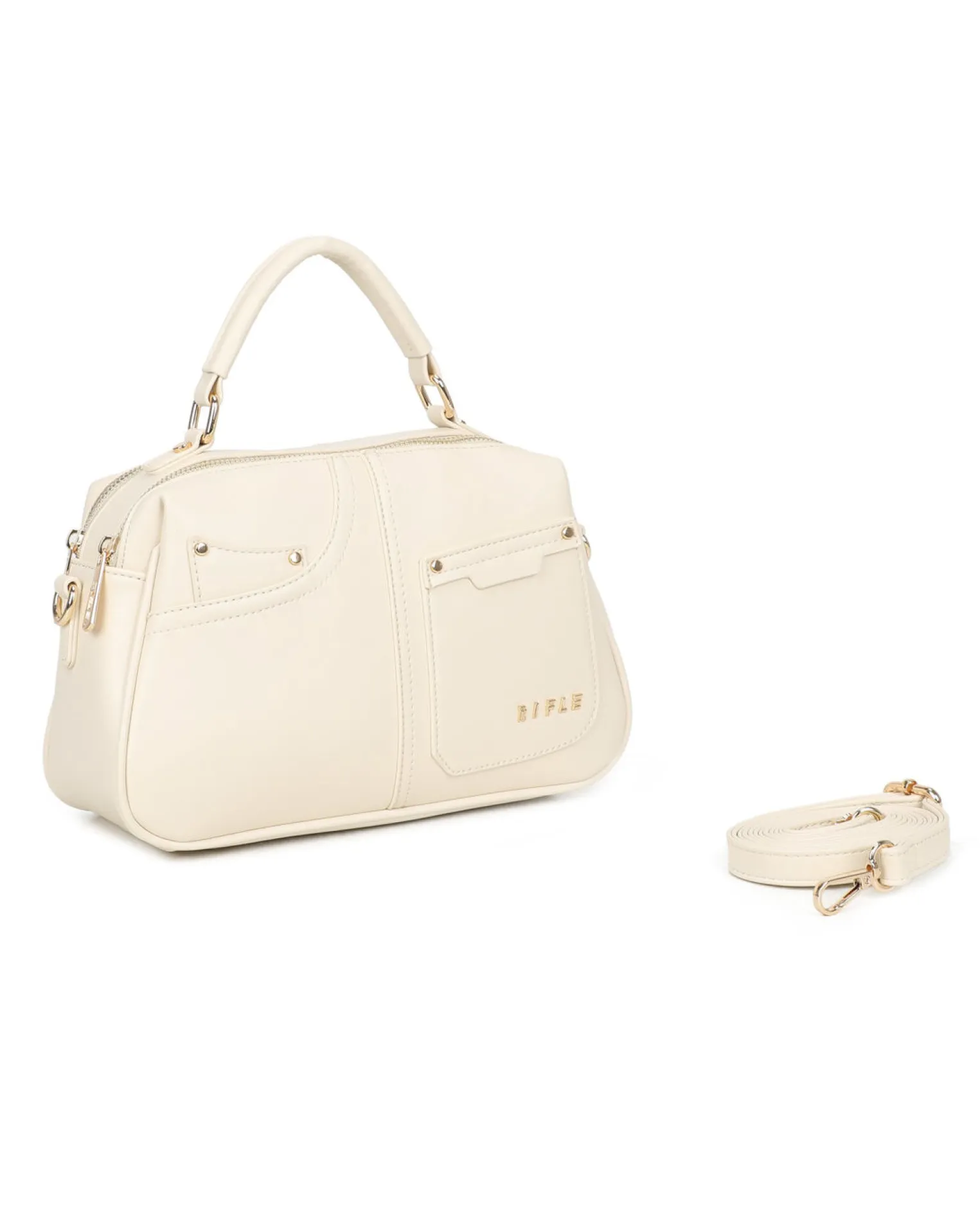 RIFLE - Borsa a mano beige con due scomparti principali e finte tasche frontali, tracolla removibile