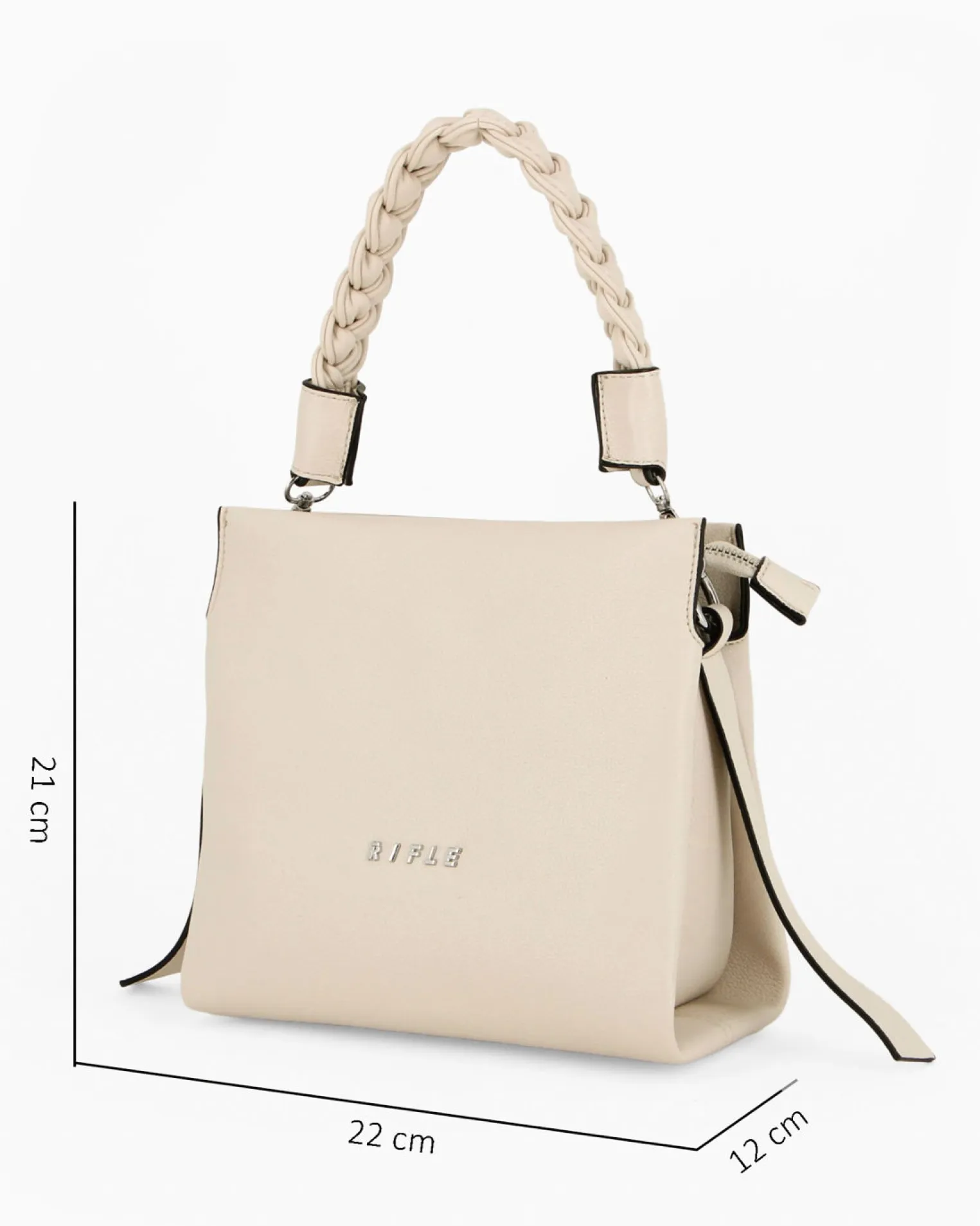 RIFLE - Borsa a mano beige con manico intrecciato e tre scomparti principali, tracolla removibile