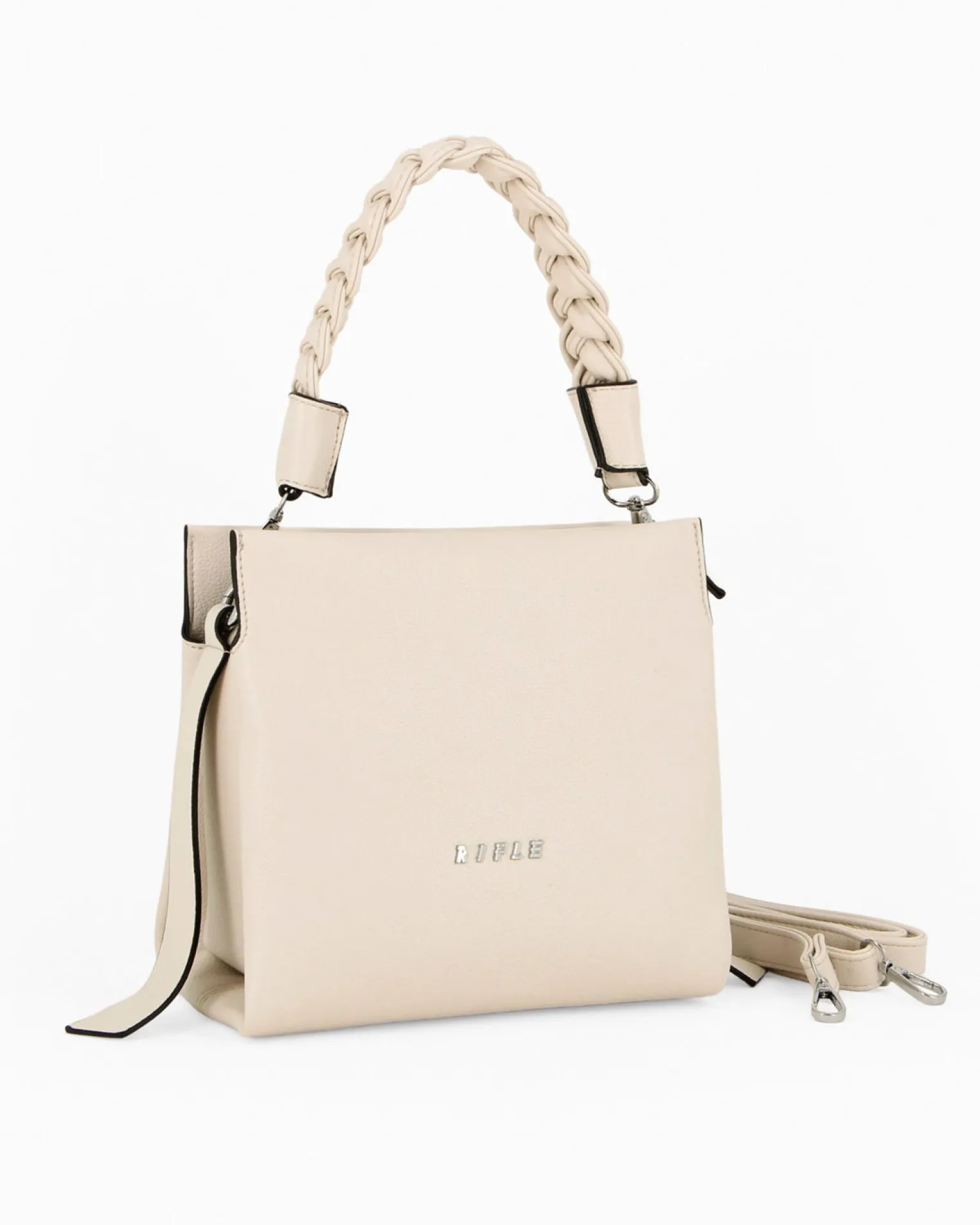 RIFLE - Borsa a mano beige con manico intrecciato e tre scomparti principali, tracolla removibile
