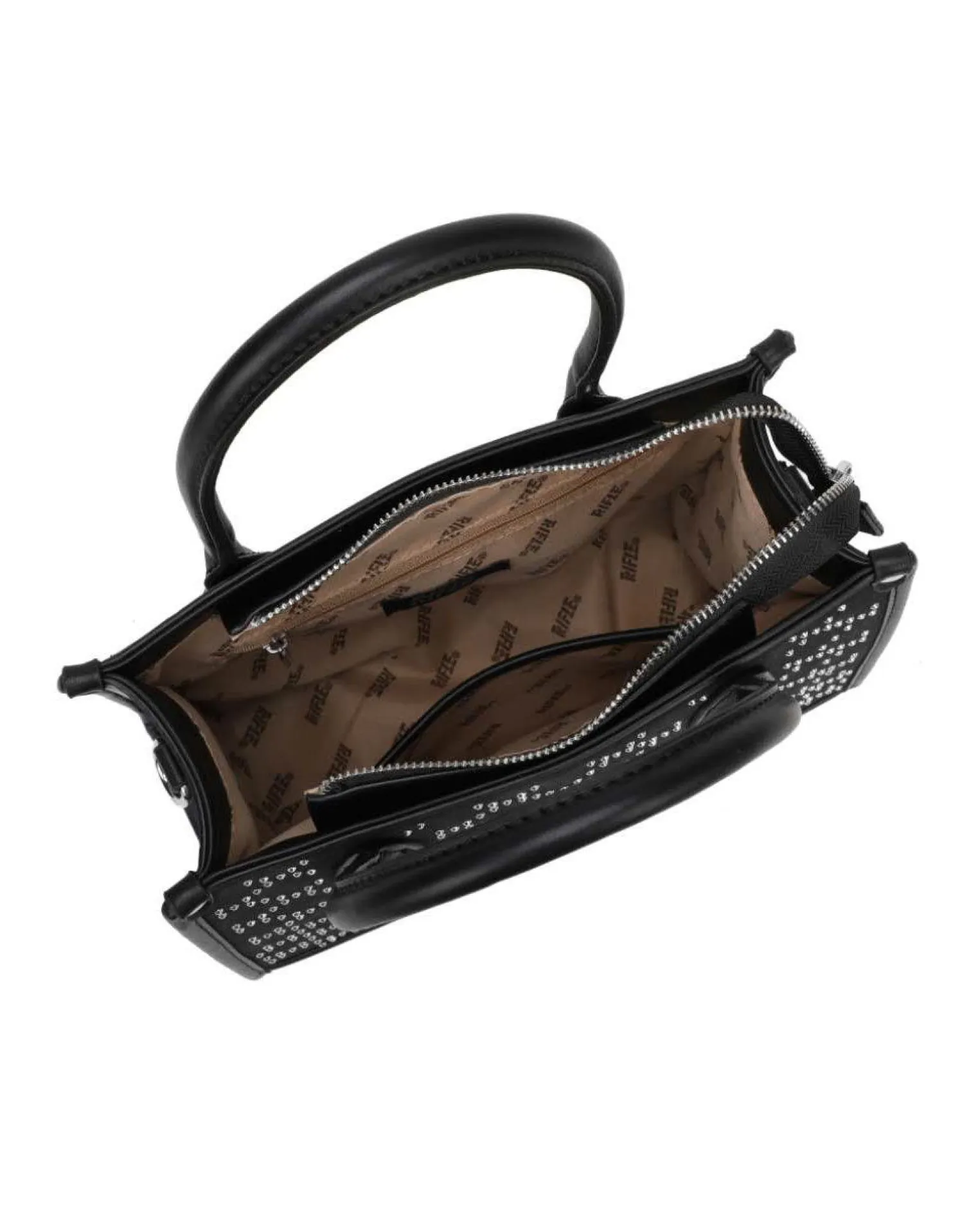RIFLE - Borsa due manici nera con tasca posteriore e strass, tracolla removibile