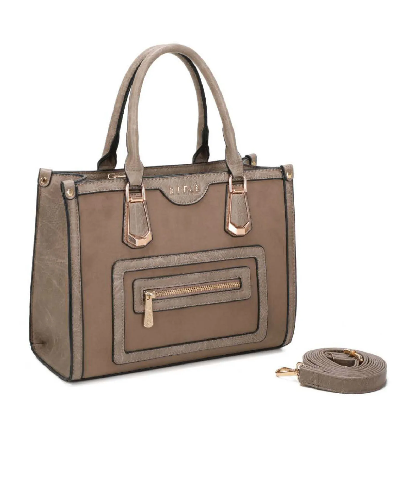 RIFLE - Borsa due manici taupe con parte frontale scamosciata, tracolla removibile
