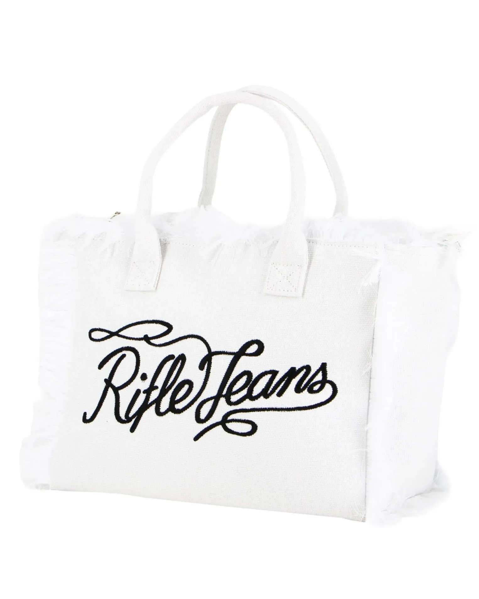 RIFLE - Borsa mare in tessuto bianco con frange e logo nero sul davanti, tracolla removibile