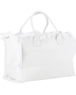 RIFLE - Borsa mare in tessuto bianco con frange e logo nero sul davanti, tracolla removibile