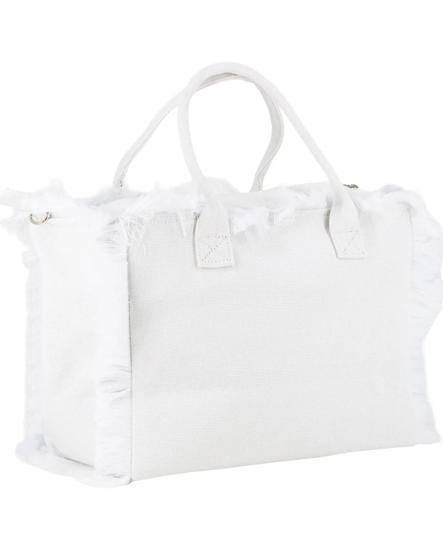 RIFLE - Borsa mare in tessuto bianco con frange e logo nero sul davanti, tracolla removibile