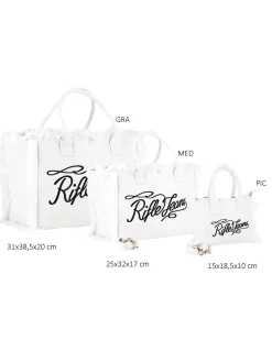 RIFLE - Borsa mare in tessuto bianco con frange e logo nero sul davanti, tracolla removibile