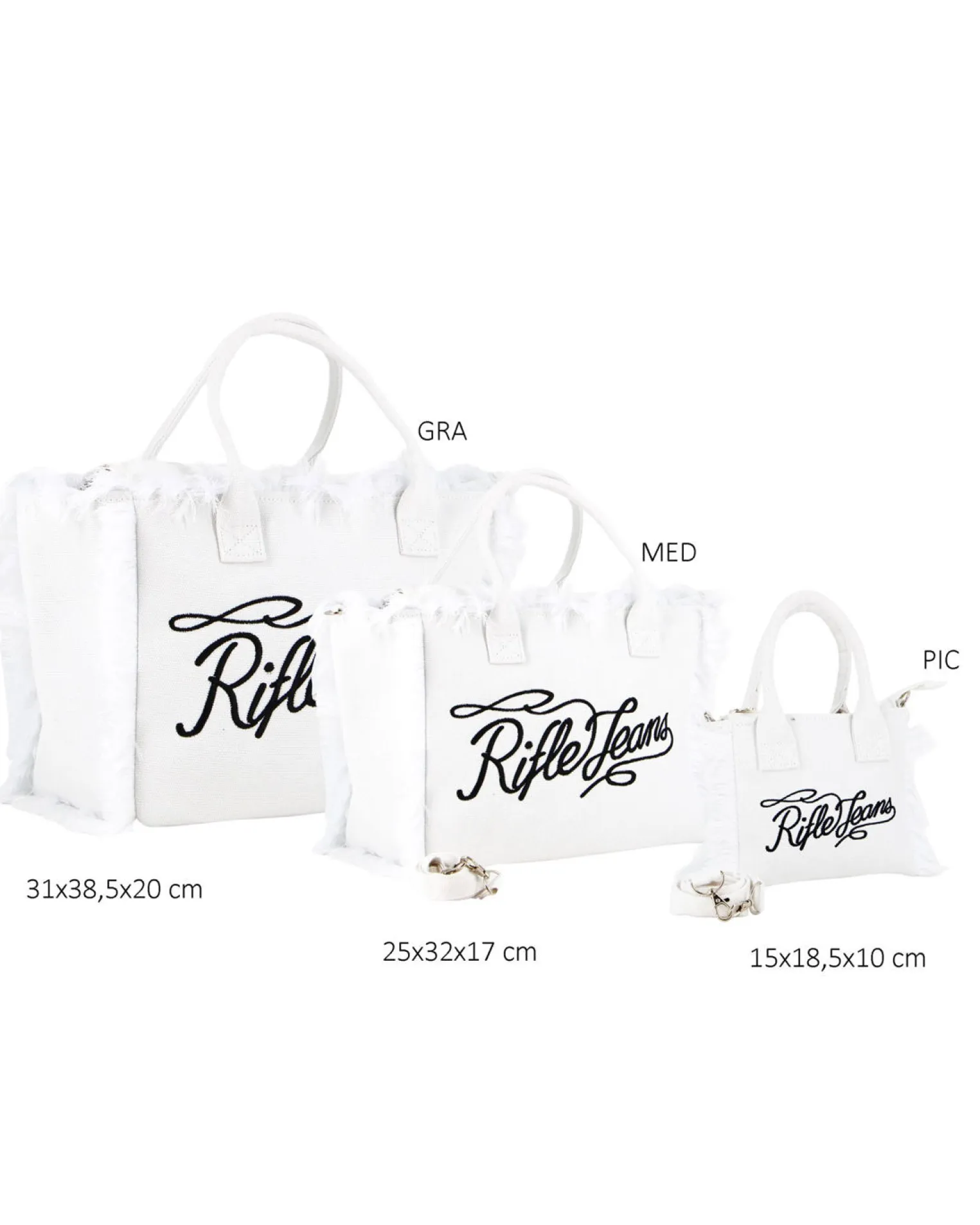 RIFLE - Borsa mare in tessuto bianco con frange e logo nero sul davanti, tracolla removibile