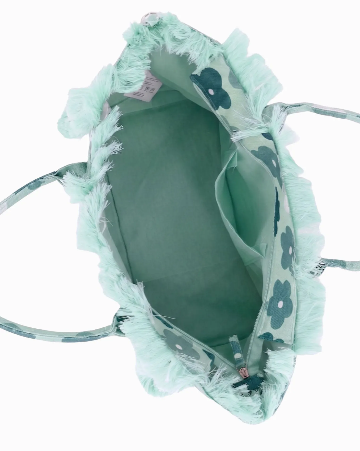 RIFLE - Borsa mare in tessuto verde con stampa floreale e bordi sfrangiati, tracolla removibile