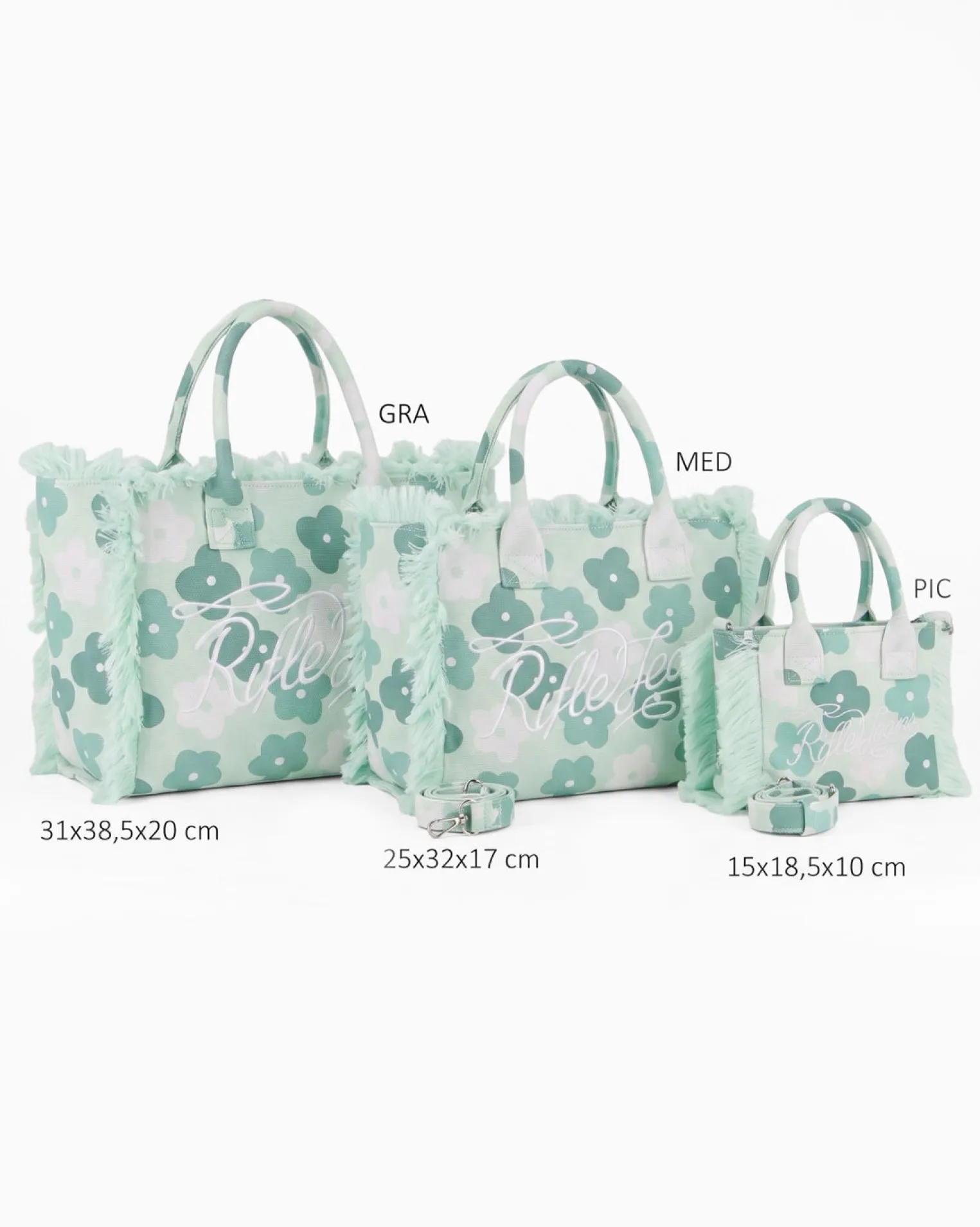 RIFLE - Borsa mare in tessuto verde con stampa floreale e bordi sfrangiati, tracolla removibile