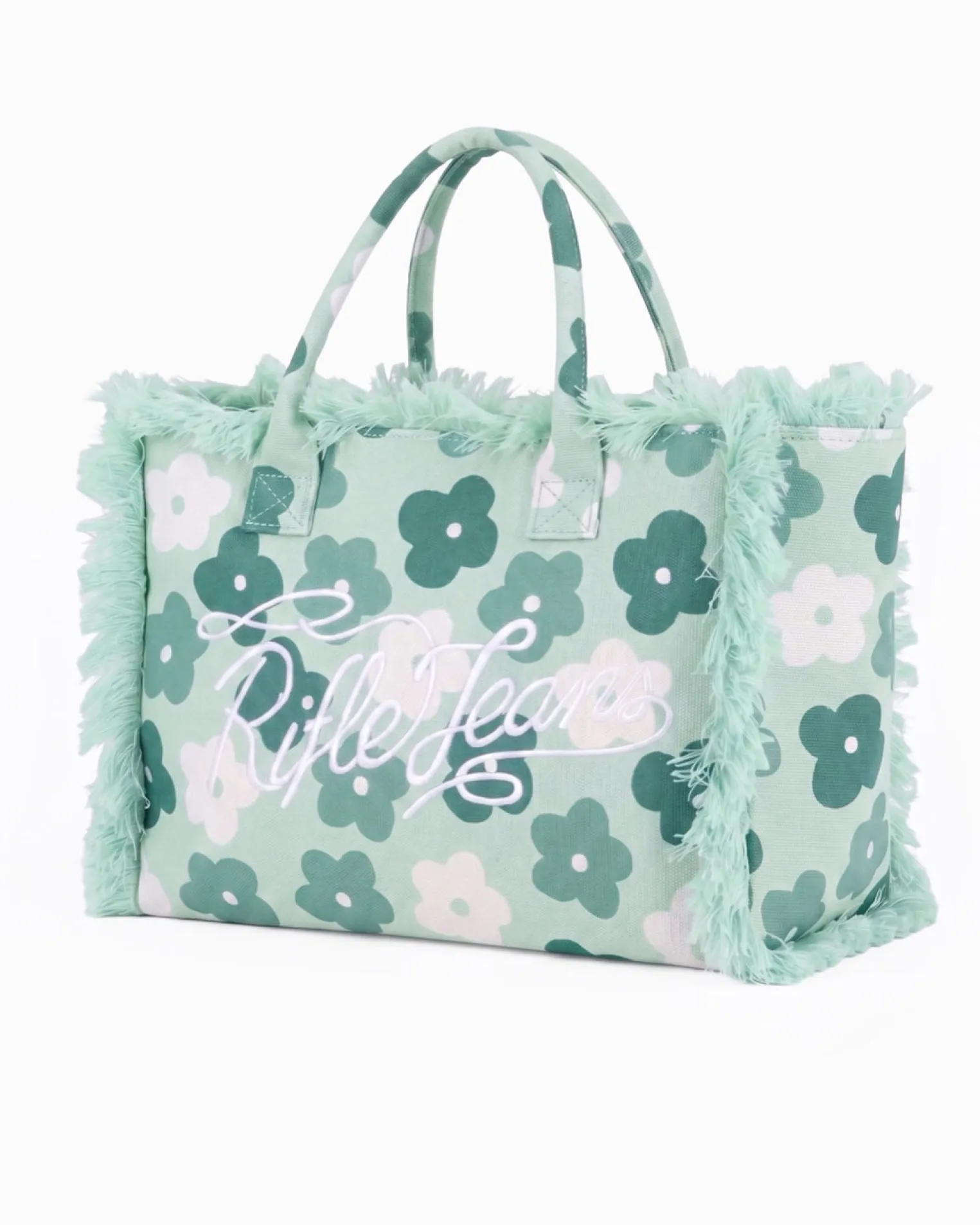 RIFLE - Borsa mare in tessuto verde con stampa floreale e bordi sfrangiati, tracolla removibile