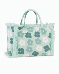 RIFLE - Borsa mare in tessuto verde con stampa floreale e bordi sfrangiati, tracolla removibile