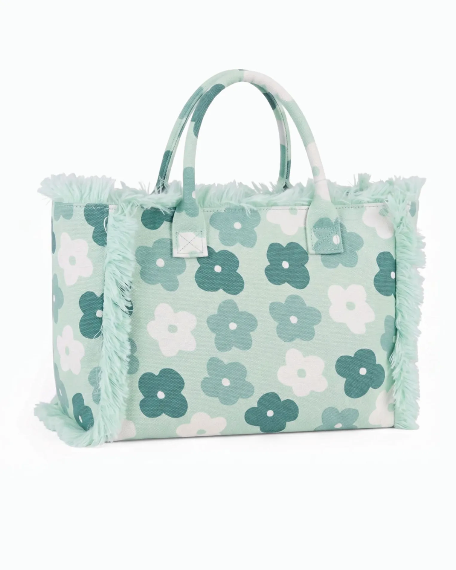 RIFLE - Borsa mare in tessuto verde con stampa floreale e bordi sfrangiati, tracolla removibile
