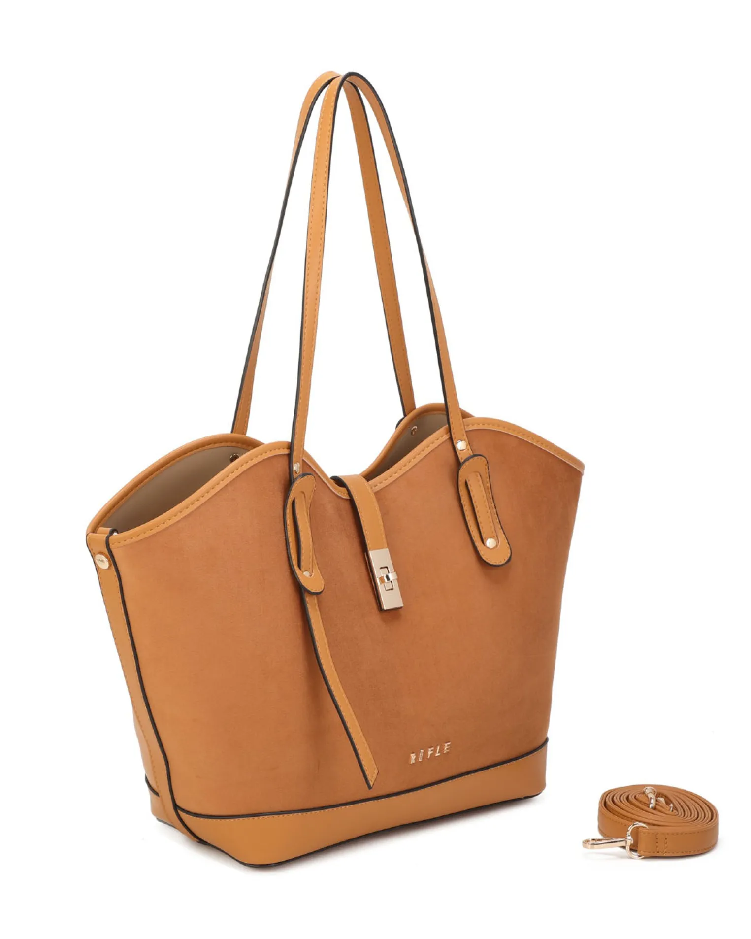 RIFLE - Borsa shopping camel scamosciata con pattina e chiusura a girello, tracolla removibile