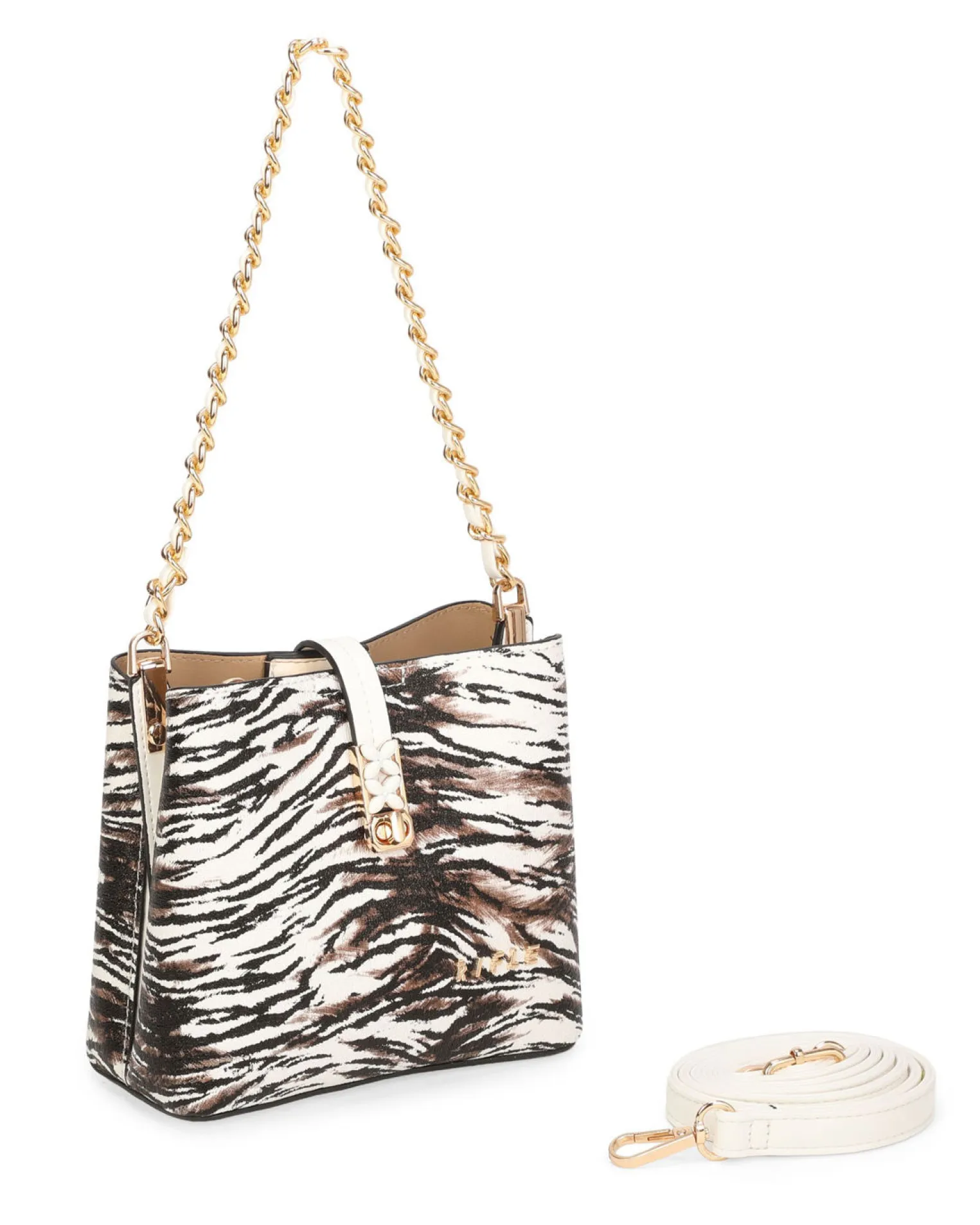 RIFLE - Minibag animalier bianca con tre scomparti principali e pattina con chiusura a girello, tracolla removibile