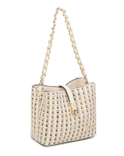 RIFLE - Minibag beige intrecciata con con pattina e chiusura a girello