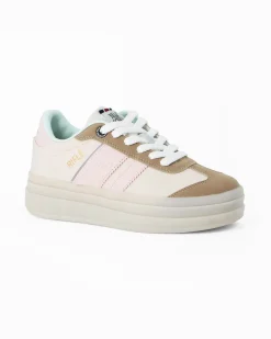 RIFLE - Sneakers beige da donna con patch posteriore e bande laterali rosa