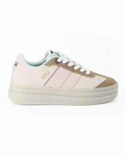 RIFLE - Sneakers beige da donna con patch posteriore e bande laterali rosa