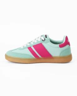 RIFLE - Sneakers verde acqua da donna con patch posteriore e bande laterali fuxia