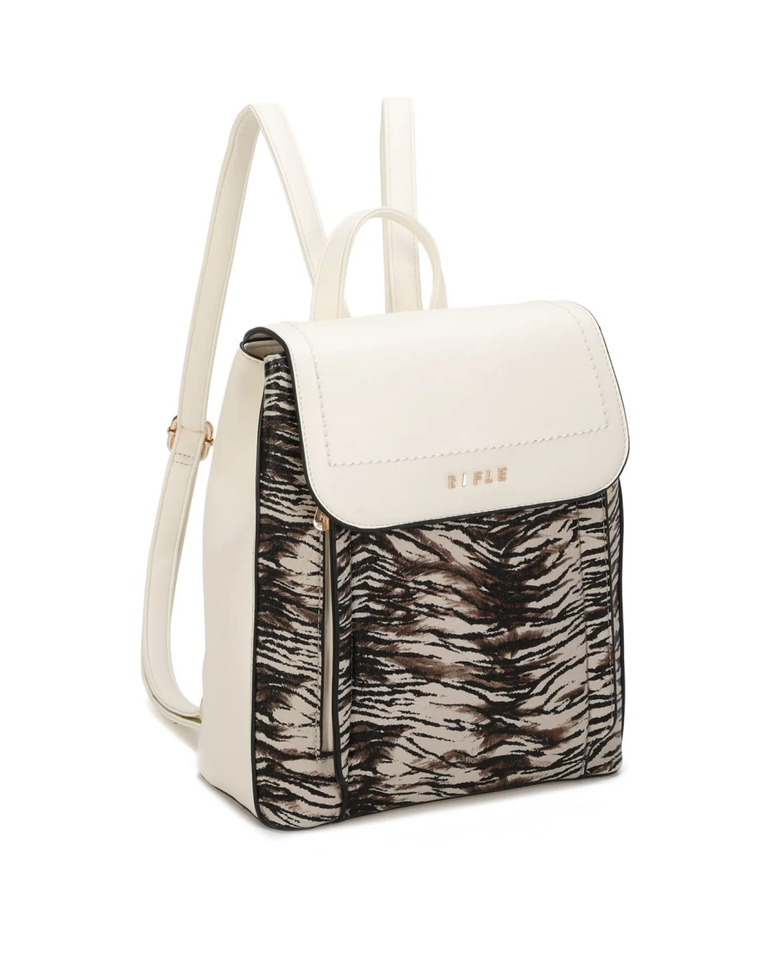 RIFLE - Zaino animalier beige con doppia tasca frontale e patta