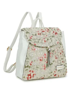 RIFLE - Zaino bianco con parte frontale maculata multicolor in paglia, patta e tasca posteriore