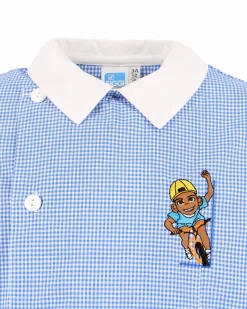 SIGGI - Grembiule asilo azzurro a quadretti da bimbo con due tasche frontali e graffetta in omaggio, certificazione OEKO TEX