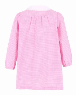 SIGGI - Grembiule asilo rosa a quadretti da bimba con due tasche frontali e graffetta in omaggio, certificazione OEKO TEX