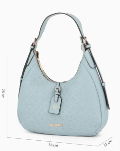 SOLO SOPRANI - Borsa a spalla jeans con parte frontale loggata e manico con fibbie