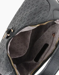 SOLO SOPRANI - Borsa a spalla nera con parte frontale loggata e manico con fibbie