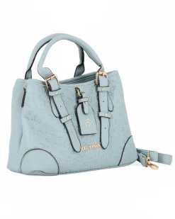 SOLO SOPRANI - Borsa due manici jeans loggata con tre scomparti principali e ciondolo frontale, tracolla removibile