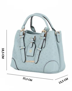SOLO SOPRANI - Borsa due manici jeans loggata con tre scomparti principali e ciondolo frontale, tracolla removibile