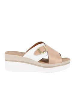 STARLIGHT - Ciabatta platform bianca e beige con fibbia e sottopiede in VERA PELLE, tacco 5,5CM - MADE IN ITALY