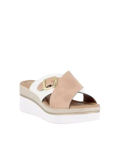 STARLIGHT - Ciabatta platform bianca e beige con fibbia e sottopiede in VERA PELLE, tacco 5,5CM - MADE IN ITALY