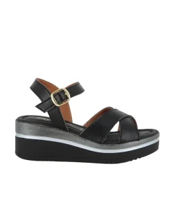 STARLIGHT - Sandalo platform nero con sottopiede in VERA PELLE e cinturini incrociati, tacco 5CM - MADE IN ITALY