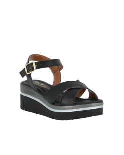 STARLIGHT - Sandalo platform nero con sottopiede in VERA PELLE e cinturini incrociati, tacco 5CM - MADE IN ITALY