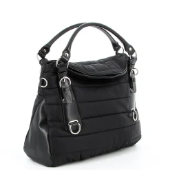 TATOO - Borsa due manici nera piumino con fibbie frontali e tracolla removibile, MADE IN ITALY