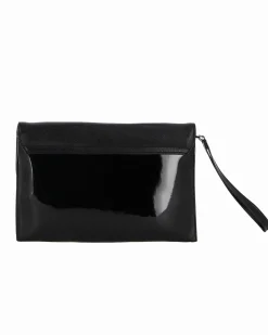 TATOO - Pochette nera in vernice con patta, laccetto e tracolla removibile, MADE IN ITALY