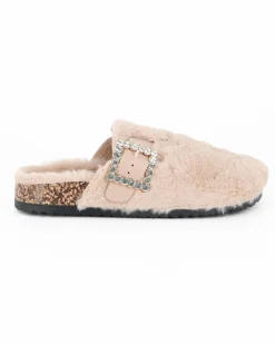 TATOO - Sabot beige con pelliccia e cinturino con fibbia strass