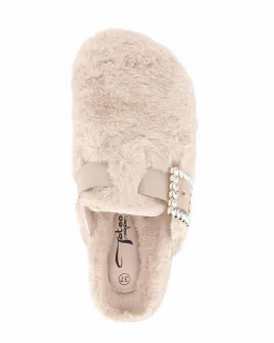 TATOO - Sabot beige con pelliccia e cinturino con fibbia strass