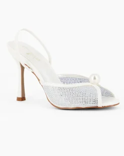 TATOO - Sandalo slingback bianco con strass e perla, tacco 9,5CM