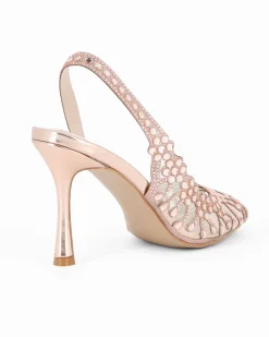 TATOO - Sandalo slingback champagne con strass e scollo laterale, tacco 9,5CM