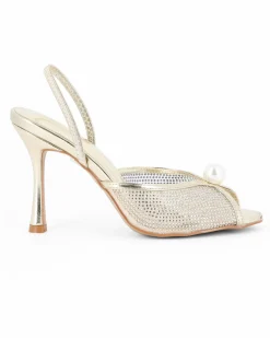 TATOO - Sandalo slingback oro con strass e perla, tacco 9,5CM