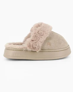 TIGLIO RAMBLAS - Pantofola beige scamosciata con pelliccia