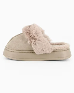 TIGLIO RAMBLAS - Pantofola beige scamosciata con pelliccia