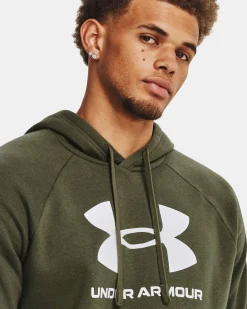 UNDER ARMOR - Felpa da uomo verde scuro con cappuccio e logo bianco