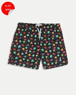 WAIKIKI RUN - BOXER MARE JUNIOR ( 6-13 ANNI) NERI CON DETTAGLI GRAFICI MULTICOLOR, PESCETTI