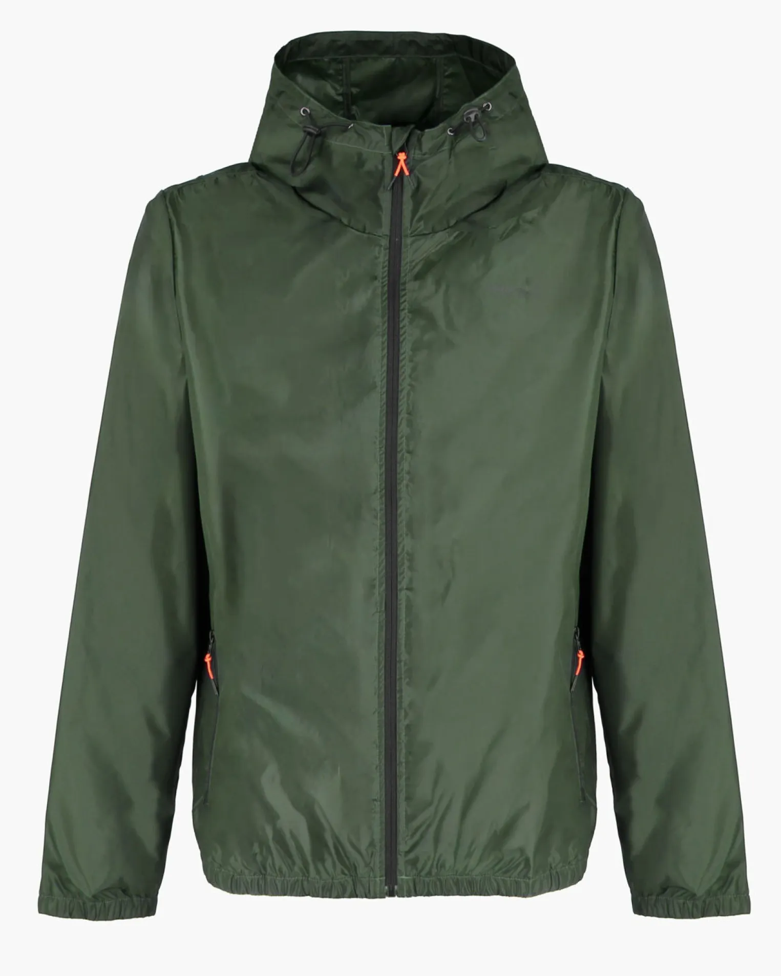 WAIKIKI RUN- K-WAY CON CAPPUCCIO FULL ZIP UOMO VERDE MILITARE CON DETTAGLI ARANCIONI FLUO - VERANO