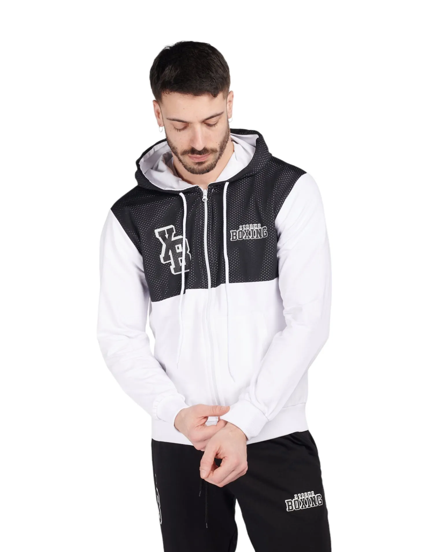 XTREME BOXING - FELPA UOMO BIANCA E BLU CON ZIP E CAPPUCCIO